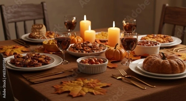 Obraz Cozy Autumn Dinner Table Setup with Candles and Pumpkins