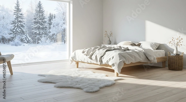 Fototapeta Cozy Bedroom Interior with Snowy Winter View A Tranquil Home Concept