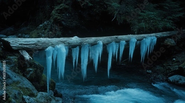 Obraz Icy Waterfall Scene: Captivating Winter Landscape with Frozen Water Cascade over Wood