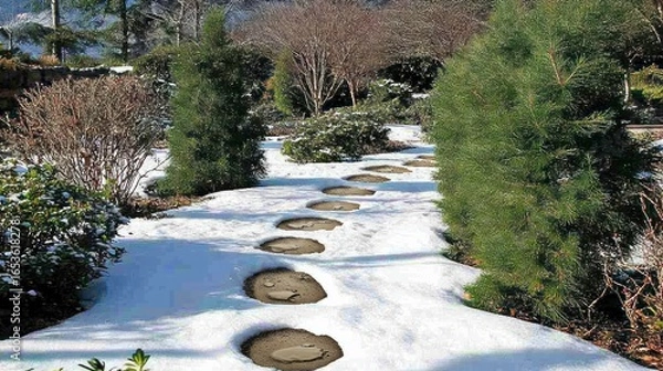Obraz A serene winter garden scene with stepping stones and snow-covered landscapes creating a tranquil