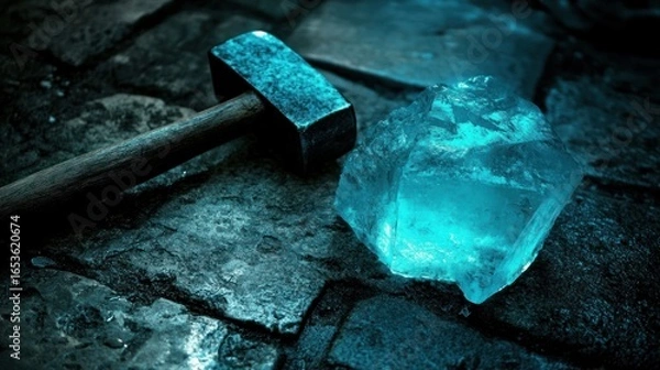 Obraz Hammer striking crystal formation revealing hidden power beneath darkness