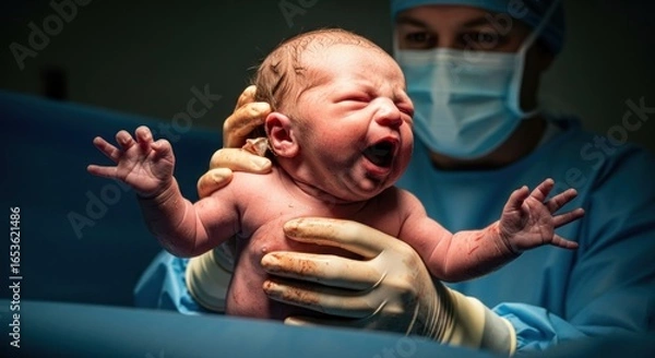 Fototapeta A tender moment of birth, capturing the first cry of a newborn in the delivery room held by the