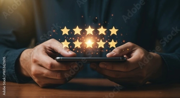 Fototapeta Shining Stars: Person gazing at five stars on screen, capturing the essence of exceptional service and positive feedback, all in one image.