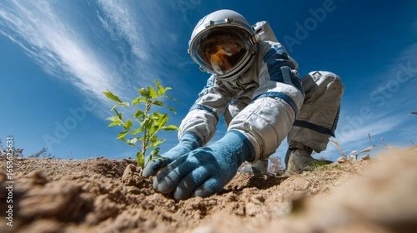 Fototapeta An astronaut carefully planting a small plant on the soil, with blue sky and sunlight. The scene speaks of planting, nurture, and a hopeful future.