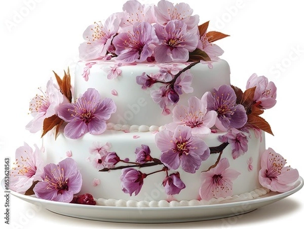 Fototapeta A two tiered white cake is decorated with pink blossoms and brown branches on a matching white plate.
