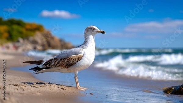 Obraz A seagull stands gracefully on a sandy beach, near the ocean, basking in the sunlight. The coastal scenery is highlighted with waves