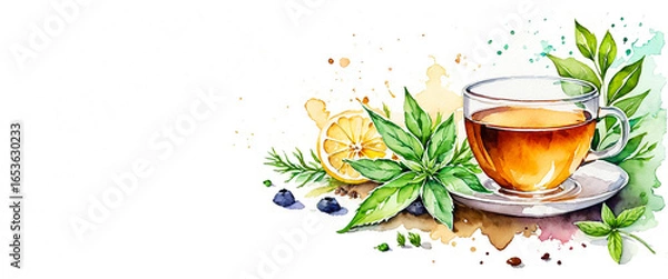 Fototapeta Glass cup of golden herbal tea illustration. Fresh herbs and lemon with tea watercolor. Minimal herbal tea illustration with text space. blank copyspace for text.