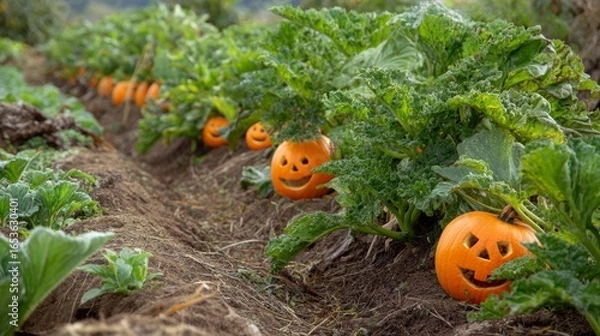 Fototapeta A row of carved pumpkins, each with a smiling face, nestled among leafy green plants, a cheerful Halloween garden scene