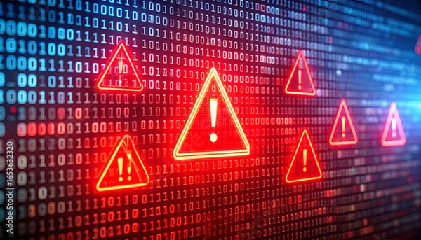 Fototapeta Digital warning signs: A digital landscape, with warning signs on the screen, which depicts an alert or error.