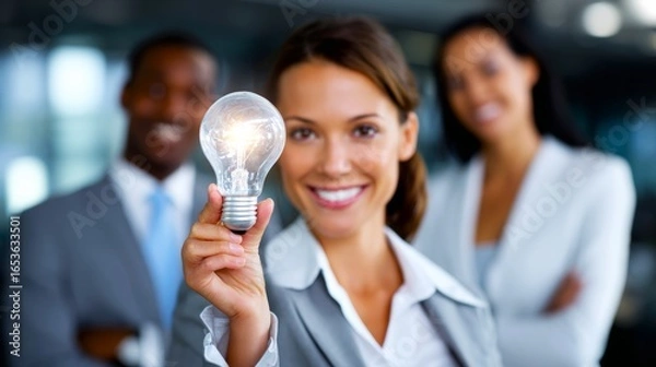 Fototapeta The woman holding light bulb, concept of business team idea. With two other smiling faces behind