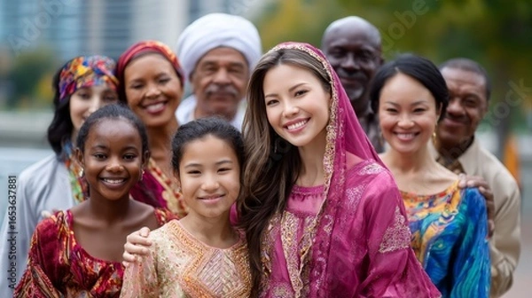 Fototapeta A diverse group of people, exuding joy and unity, come together to showcase their different cultures, embracing togetherness and harmony