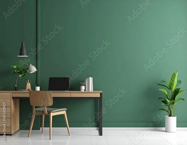 Fototapeta Stylish Home Workspace with Green Wall and Modern Desk Setup