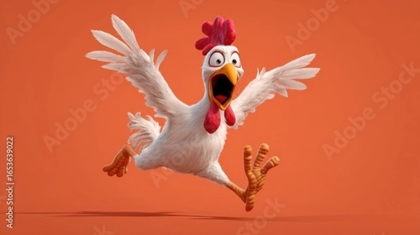 Fototapeta Energetic cartoon chicken character in mid-flight, expressing excitement on vibrant orange background with animated style and playful design