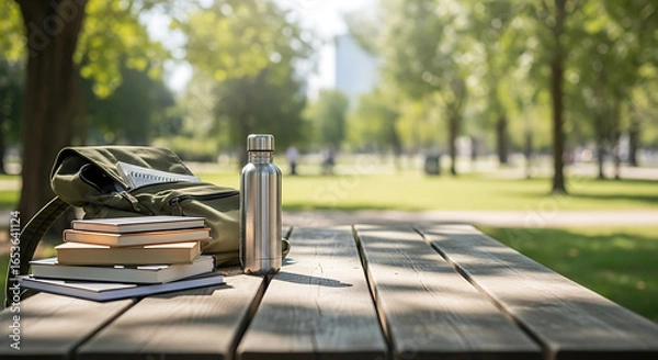 Obraz Books and water bottle on a wooden picnic table in a park.