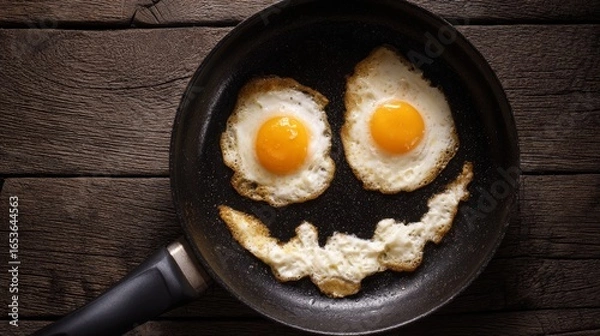 Fototapeta Two sunny-side-up eggs are arranged on a frying pan to create a smiling face