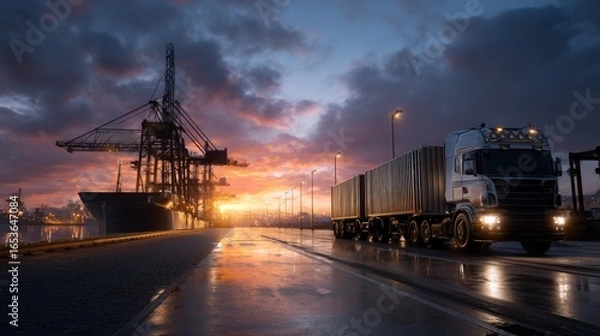 Fototapeta The container truck is driving, carrying containers, with the sunset back ground in port terminal. The scene shows an import export shipping transportation. 
