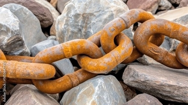 Obraz A macro shot showcasing a weathered rusty chain draped over smooth rocks with time elements its