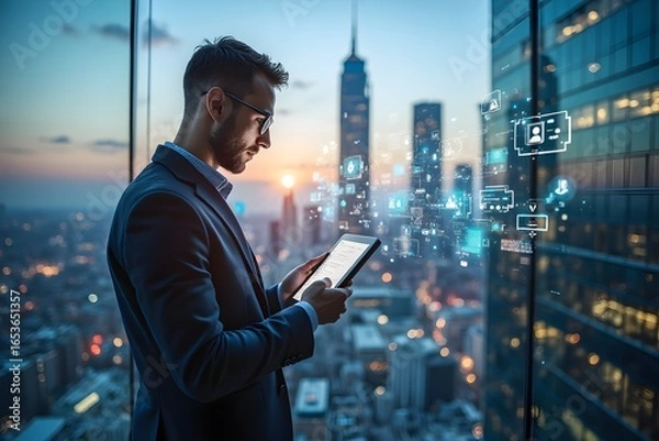 Fototapeta Double exposure of city and business man using digital tablet. Business concept. 3d rendering.
