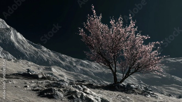 Fototapeta Pink blossom tree on a moon-like landscape