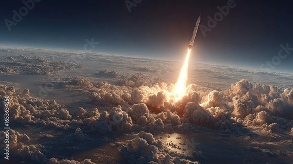 Obraz Rocket Launch Ascent into Space Above Clouds, Earth's Horizon