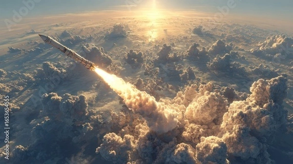 Obraz Rocket launches through clouds into the bright sun, creating a trail in the sky.