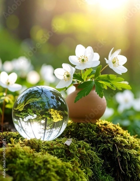 Obraz Delicate spring flowers in a mossy setting