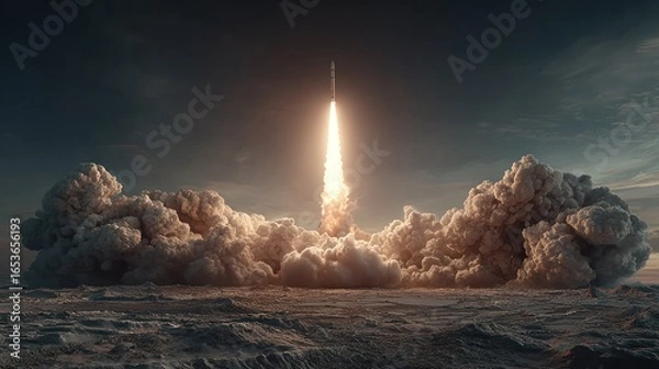 Obraz Rocket taking off from ground against cloudy sky