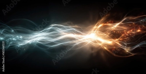 Fototapeta Abstract image of two luminous, swirling energy streams, contrasting cool and warm tones, merging in the center against a dark background