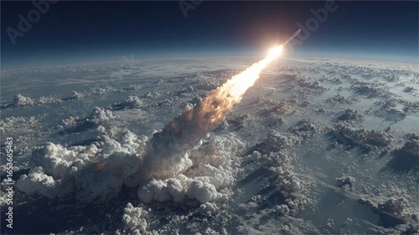 Obraz Rocket Launching into Space Above Earth's Atmosphere - High Angle View
