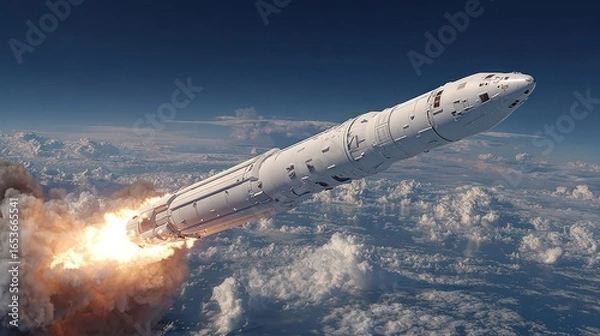 Obraz Rocket launch ascending into clouds, billowing smoke, sky in background