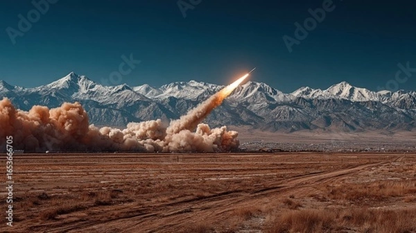 Obraz Rocket launch ascending into sky, leaving trail over mountain range