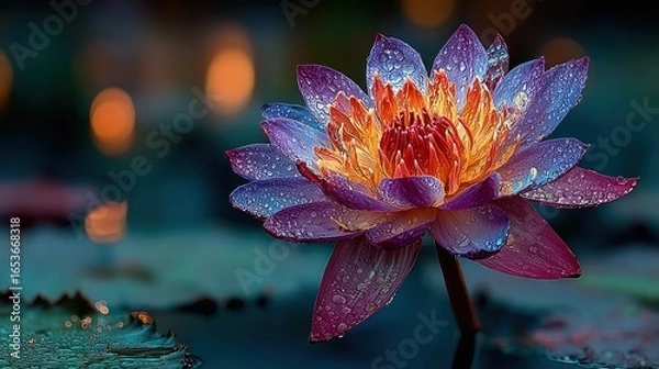 Fototapeta Lotus flower blooms, water droplets, serene pond setting