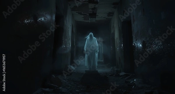 Obraz Ghostly Figure in Dark Haunted Hallway