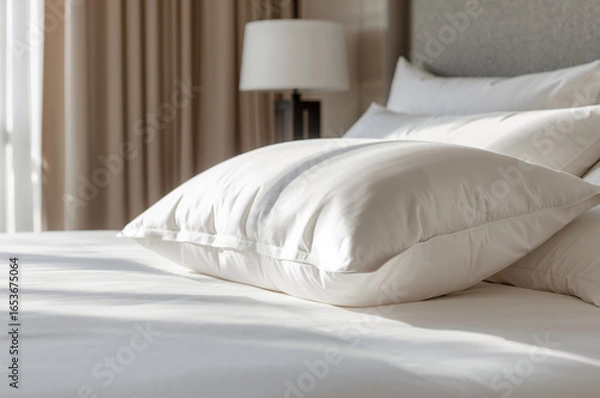 Fototapeta White soft pillow on made bed in minimalist modern bedroom with cozy natural light interior
