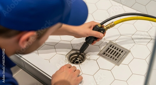 Fototapeta Professional plumber fixing a clogged shower drain with specialized equipment.