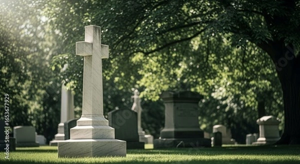 Obraz Serene Cemetery with Marble Cross Tombstone in Sunlight