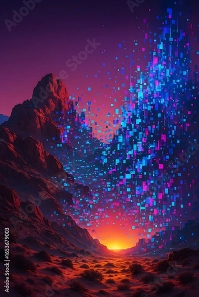 Fototapeta Surreal Desert Landscape with Neon Pixel Glitch Effect