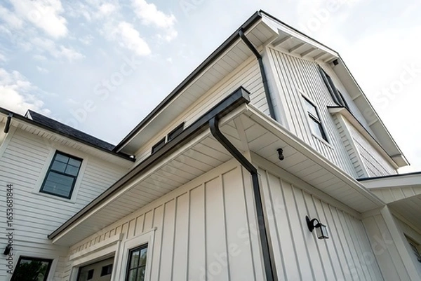 Fototapeta Modern Farmhouse Exterior with White Shiplap Siding and Black Gutters, Low Angle View