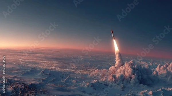 Obraz Rocket launches, ascending through atmosphere, above snowy terrain