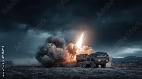 Obraz Missile launching from mobile platform under stormy skies.