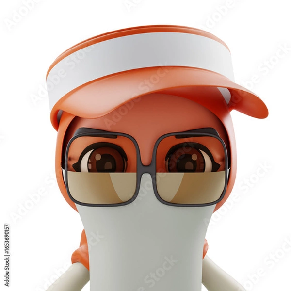 Obraz 3D Render 3D character wearing orange cap, white visor, sunglasses, and face mask; versatile for branding in sports, tech, or health campaigns.