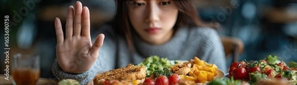 Fototapeta Woman showing no appetite from anorexia or food poisoning concept. A woman refusing to eat a selection of colorful dishes.