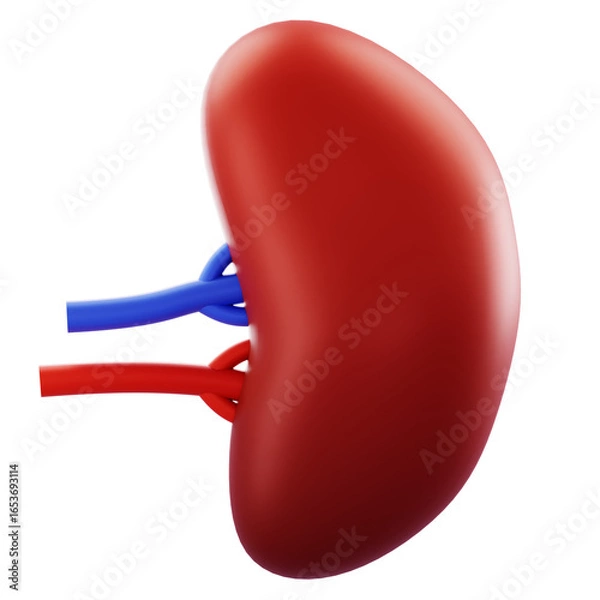 Obraz 3D Render Close-up kidney with red arterial and blue venous vessels; suitable for medical anatomy, health care, and education visuals.