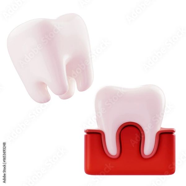 Obraz 3D Render Close-up of white tooth figures atop a red base, suitable for dental marketing and educational content.