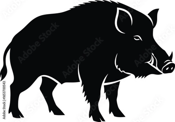 Fototapeta A simple black silhouette of a wild boar standing in profile, showing its tusks and bristly mane.