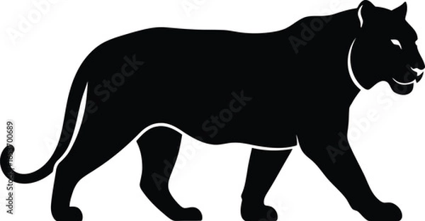 Fototapeta A striking black panther walking with a powerful and graceful stride, depicted in a stark silhouette against a white background.