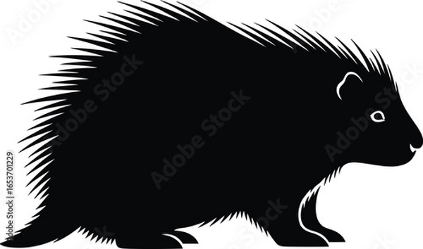 Fototapeta A simple black silhouette of a porcupine with its sharp quills raised, viewed from the side on a white background.