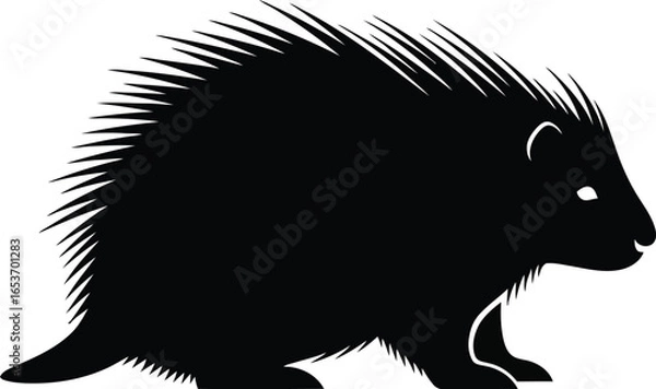 Fototapeta A black silhouette of a porcupine with sharp quills standing on a white background.
