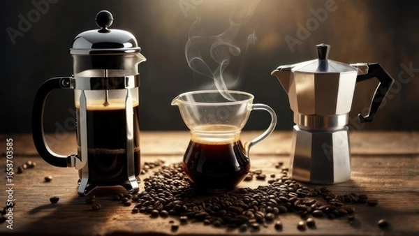 Fototapeta Artisan Coffee Trio: Steaming Brewers on a Rustic Table in Warm Morning Light