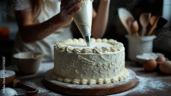 Fototapeta Artisanal Cake Creation: Piping Delicate Buttercream Details in a Rustic Kitchen